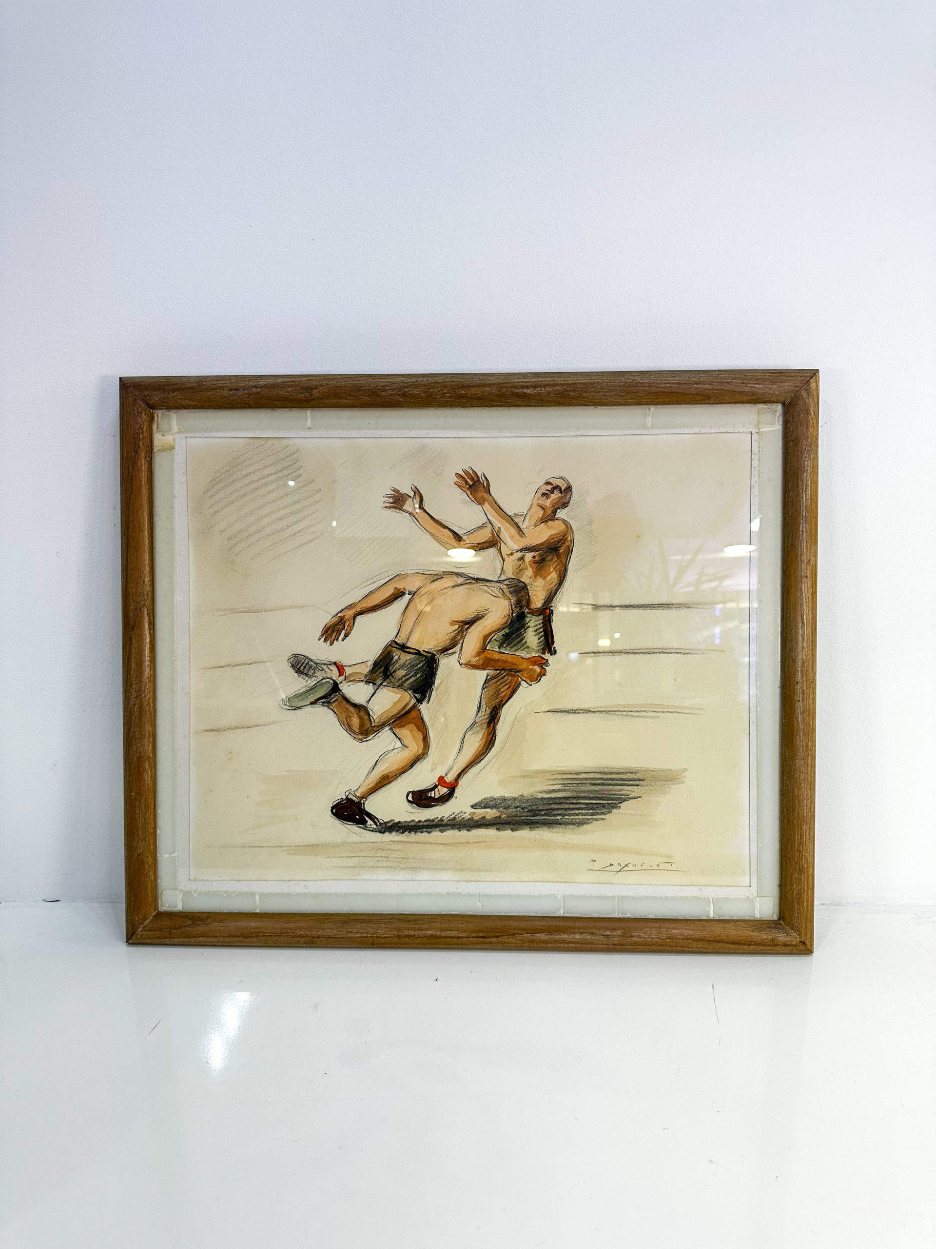 IMG_9194aurore morisse affaire conclue tableau daxhelet dessin lutteurs belge 20e siècle contemporain collectionneur décoration sport