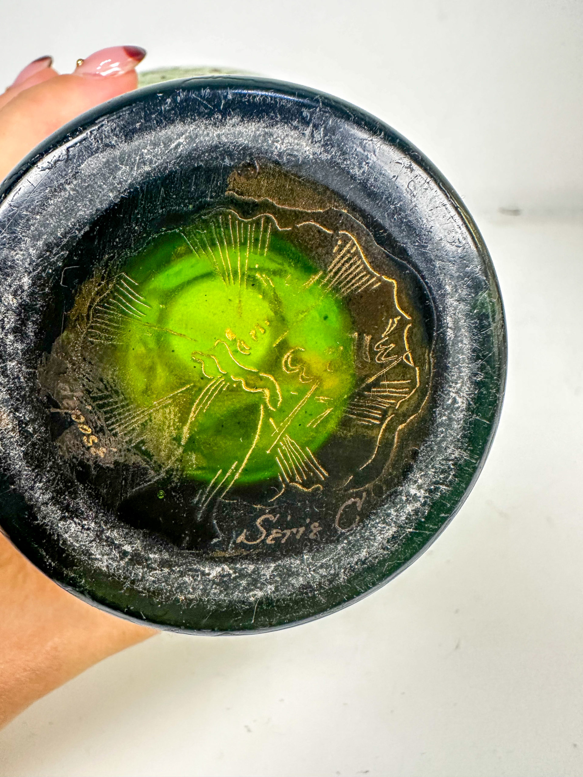 IMG_9836aurore morisse affaire conclue vase verrerie gallé emile art nouveau france rare vert fleurs collection investissement