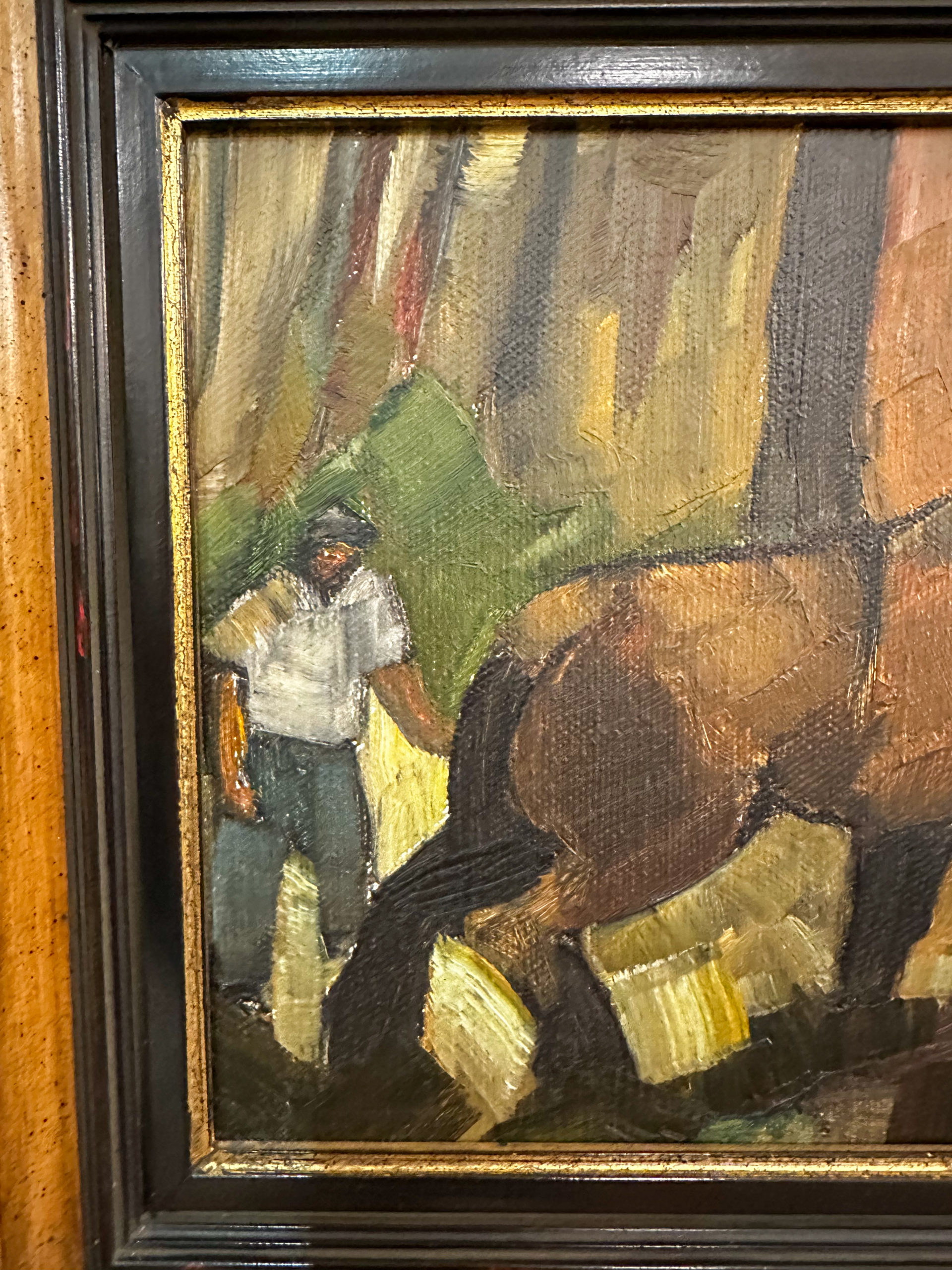 IMG_0777aurore morisse affaire conclue tableau milo dardenne cheval de trait huile sur toile 20e siècle belge cubiste naïf art moderne contemporain collectionneur