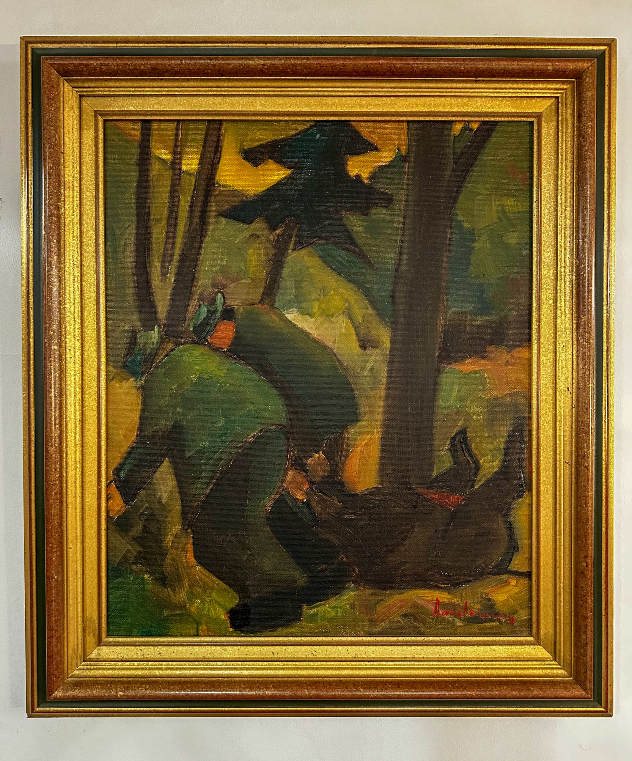 IMG_0781aurore morisse affaire conclue tableau milo dardenne dépeceur chasseur huile sur toile 20e siècle belge cubiste naïf art moderne contemporain collectionneur