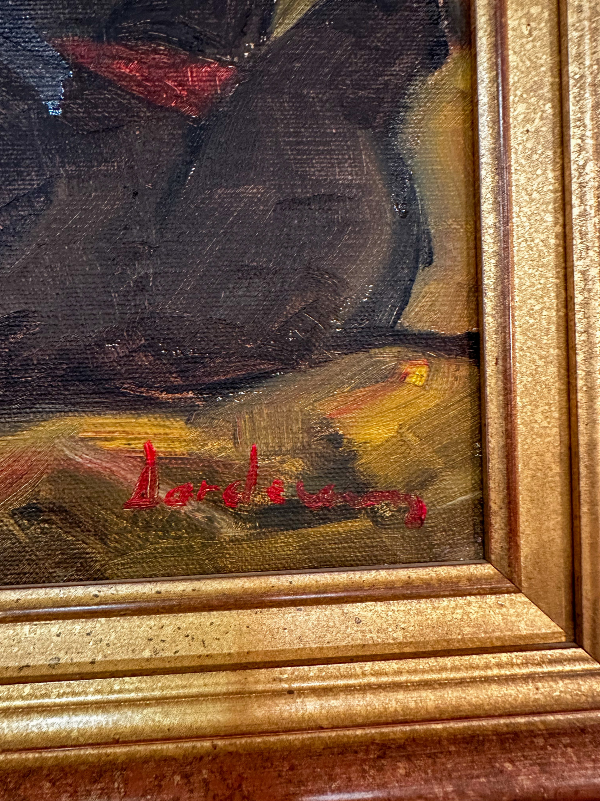 IMG_0782aurore morisse affaire conclue tableau milo dardenne dépeceur chasseur huile sur toile 20e siècle belge cubiste naïf art moderne contemporain collectionneur