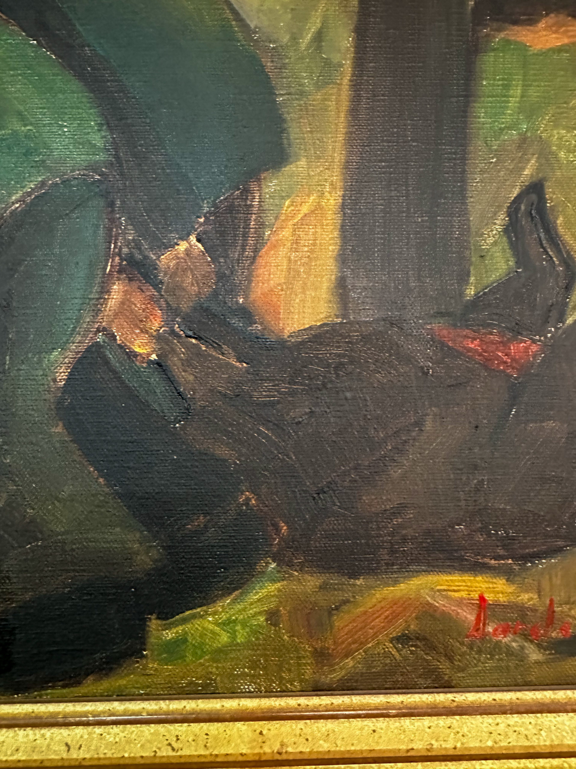 IMG_0784aurore morisse affaire conclue tableau milo dardenne dépeceur chasseur huile sur toile 20e siècle belge cubiste naïf art moderne contemporain collectionneur